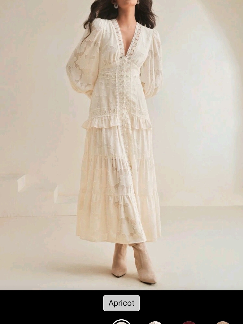 Apricot Lace Maxi Dress with Puff Sleeves